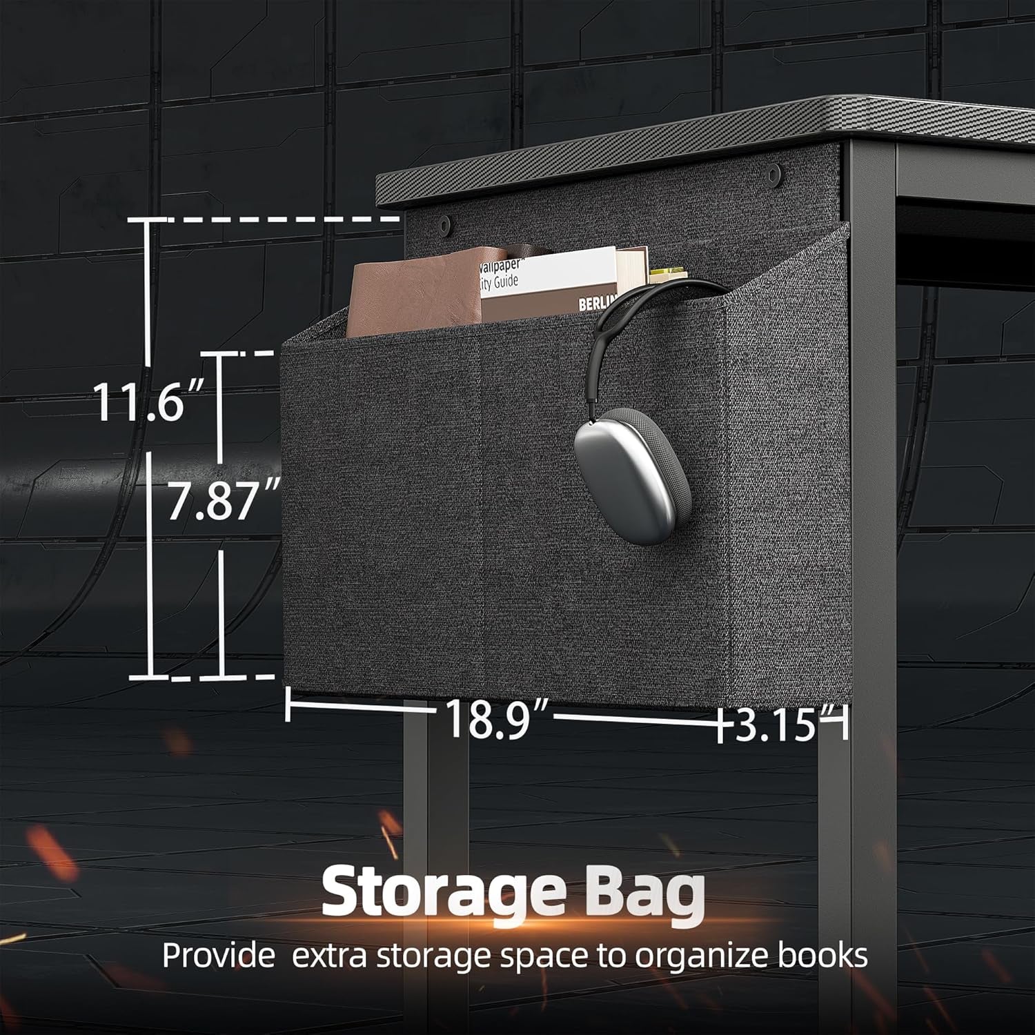 Gaming Desk 40 Inch with Power Outlet and LED Light, Computer Desk with Reversible Shelves and Storage Drawer, Small PC Desk for Home Office Table with Bag, Carbon Fiber Black