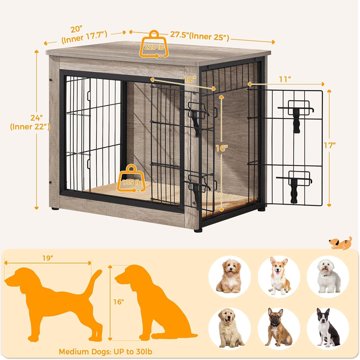 27.5'' Dog Crate Furniture with Cushion Wooden Dog Crate with Double Doors/Adjustable Feet Side End Table for Small/Medium Dogs, 27.5" L X 20" W X 24" H