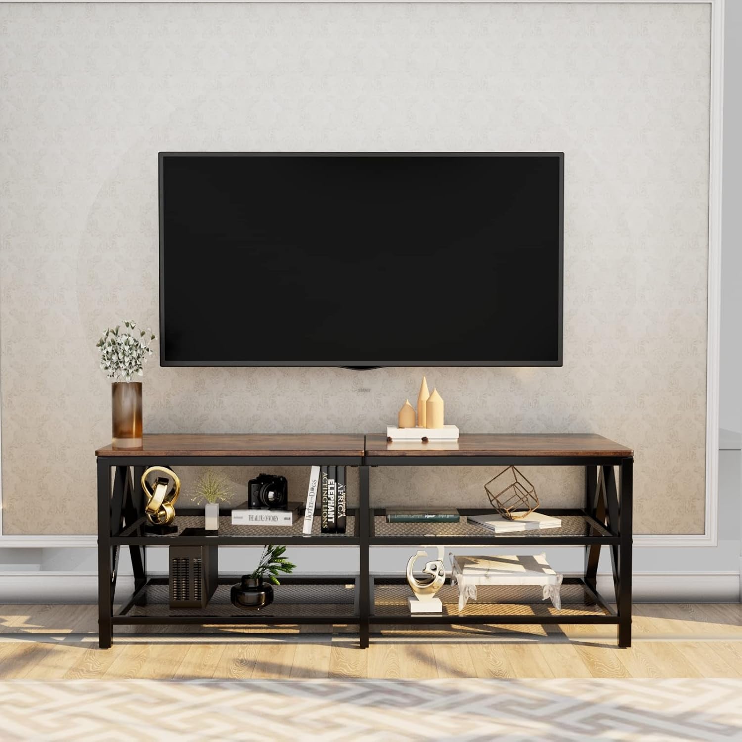 TV Stand for Tvs up to 65 Inch, 55" Long Industrial TV Console Table with 3-Tier Storage Shelves, Entertainment Center for Living Room, Bedroom (Rustic Brown)