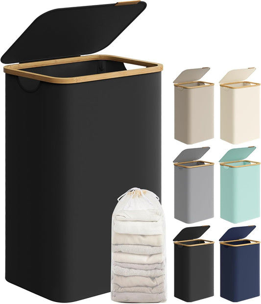 Laundry Hamper with Lid, Large Laundry Basket, 23.8 Gallons (90L), Removable Mesh Liner, Bamboo Handles, Collapsible, 16.5 X 12.6 X 27.8 Inches, Ink Black ULCB509B01