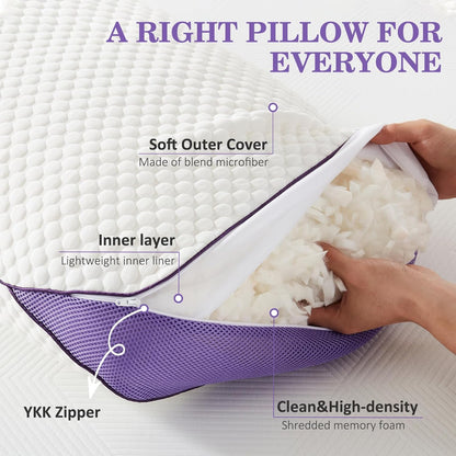 Adjustable Shredded Memory Foam Pillow Queen Size, Cooling Bed Pillow for Sleeping with Removable Cover, Medium Pillow for Side Stomach & Back Sleepers, 1 Pack 20"X28"
