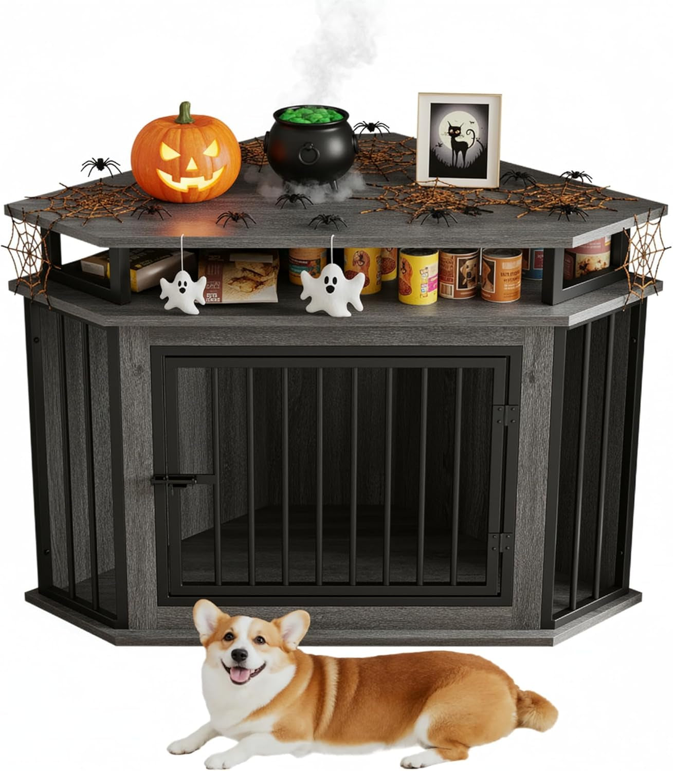 44" Corner Dog Crate with 2-Tier Shelves, Wooden Dog Kennel Furniture for TV Stand, Dog Kennel Indoor Furniture for Small and Medium Dogs, Rustic Brown (23.6" L X 43.3" W X 32.3" H)