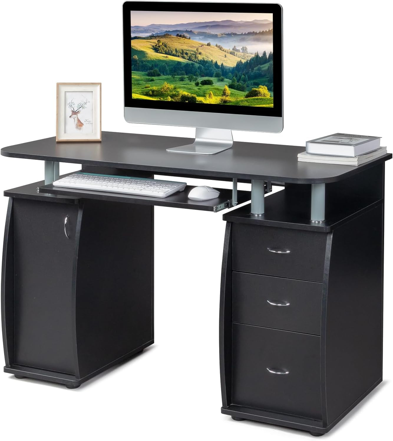 115 * 55 * 74Cm 15Mm MDF Computer Desk Black with 3Pcs Drawers and 1Pc Door Portable Home Office Writing Table for PC Laptop Study Workstation