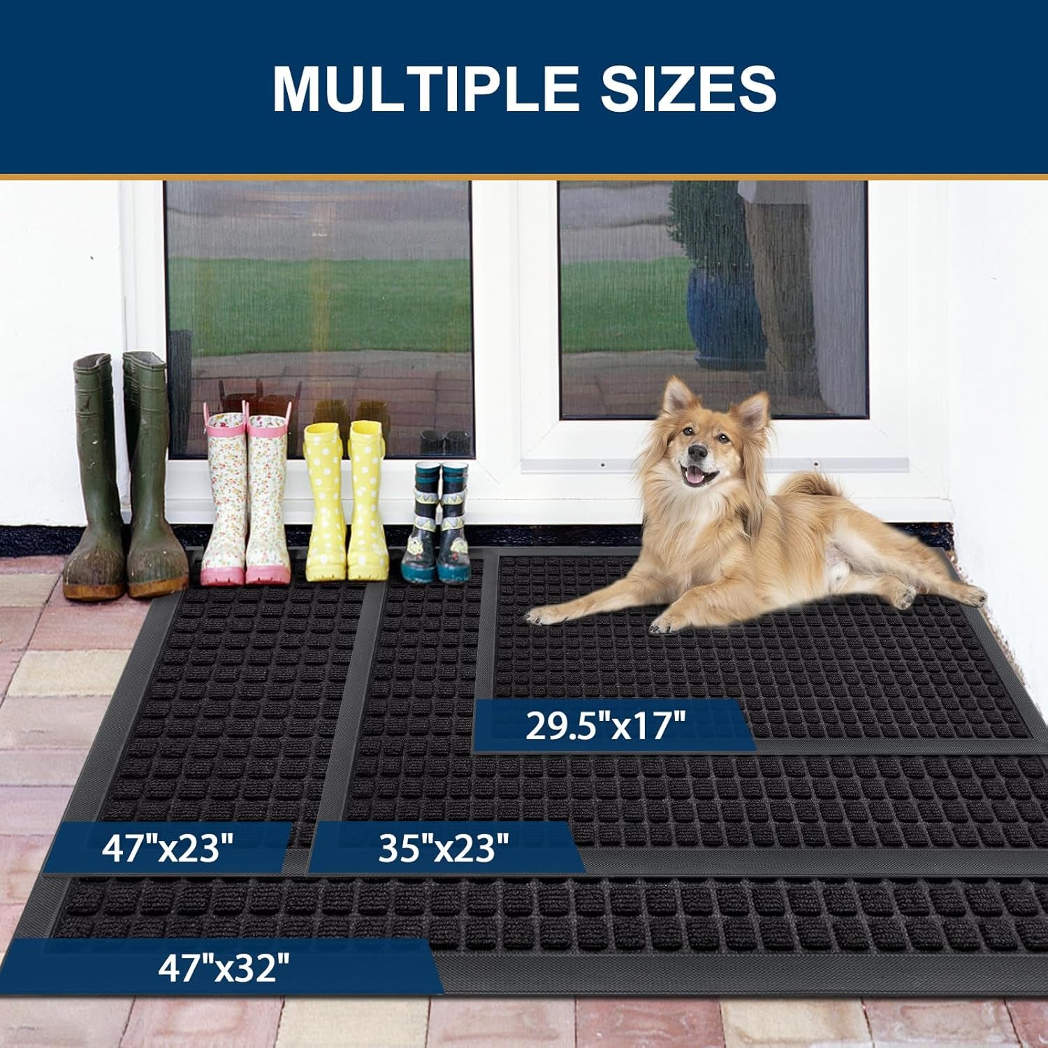 Front Door Mat outside Entrance, Heavy Duty Natural Rubber Doormat, Non Slip, Trap Dirt and Moisture, Easy Clean, Low Profile Welcome Floor Mats for Indoor Outdoor Entry, 29.5X17 Inch, Black
