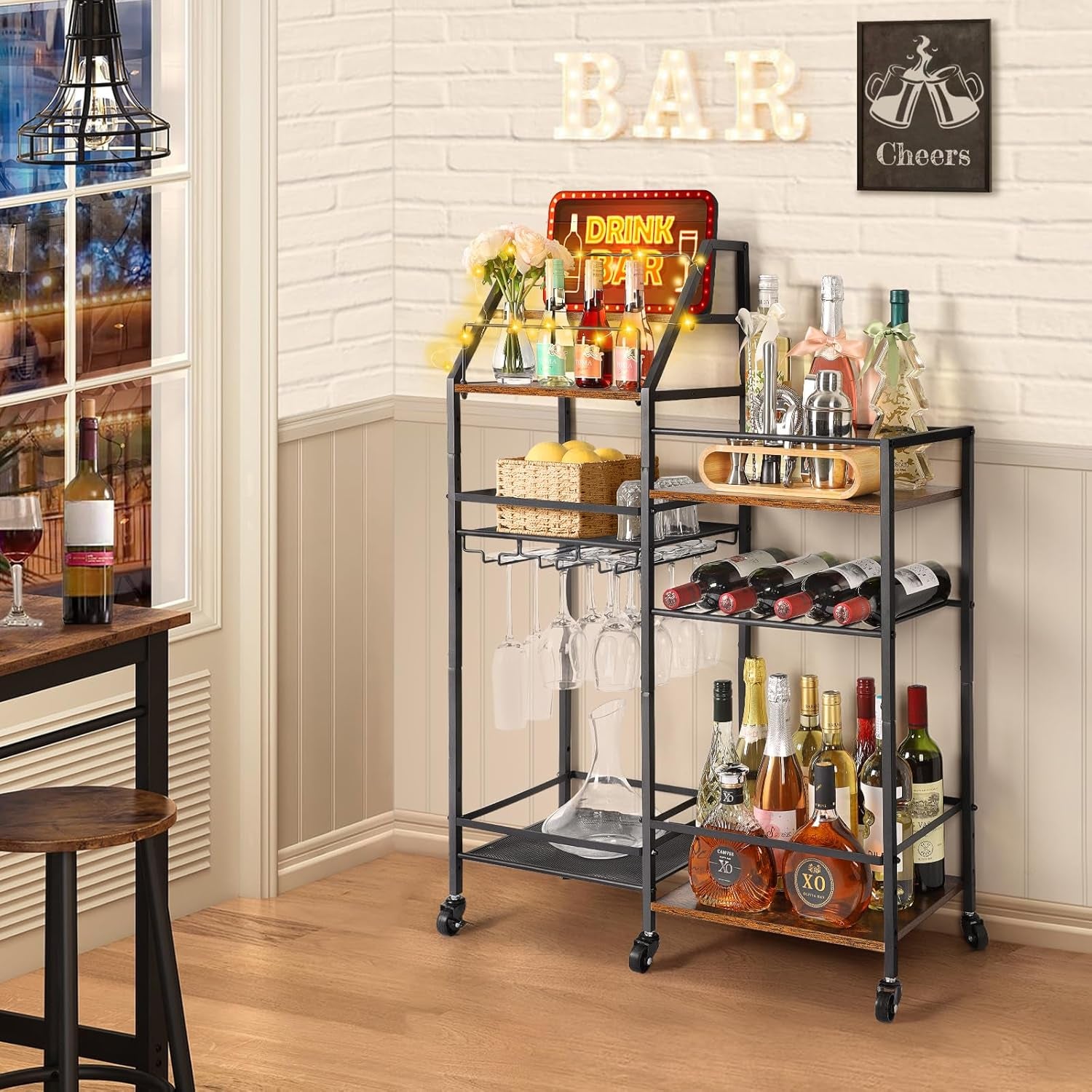 Rolling Bar Cart with Wine Glass Holder, Mini Bar for Whiskey Wine, Liquor Cart for Home, Alcohol Cabinet for Kitchen, Dining Room