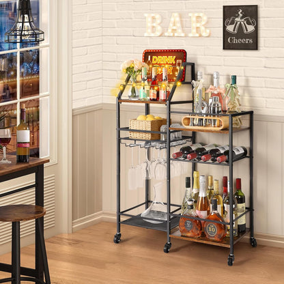 Rolling Bar Cart with Wine Glass Holder, Mini Bar for Whiskey Wine, Liquor Cart for Home, Alcohol Cabinet for Kitchen, Dining Room