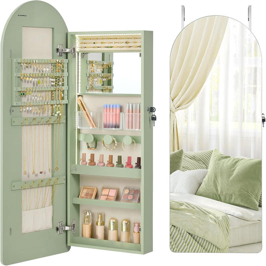 Wide Jewelry Organizer, LED Jewelry Cabinet Wall/Door Mounted, Arched Mirror with Storage, Lockable, Rounded Corner, Interior Mirror, 3.9 X 16.5 X 42.5 Inches, Laurel Green UJJC020C01S