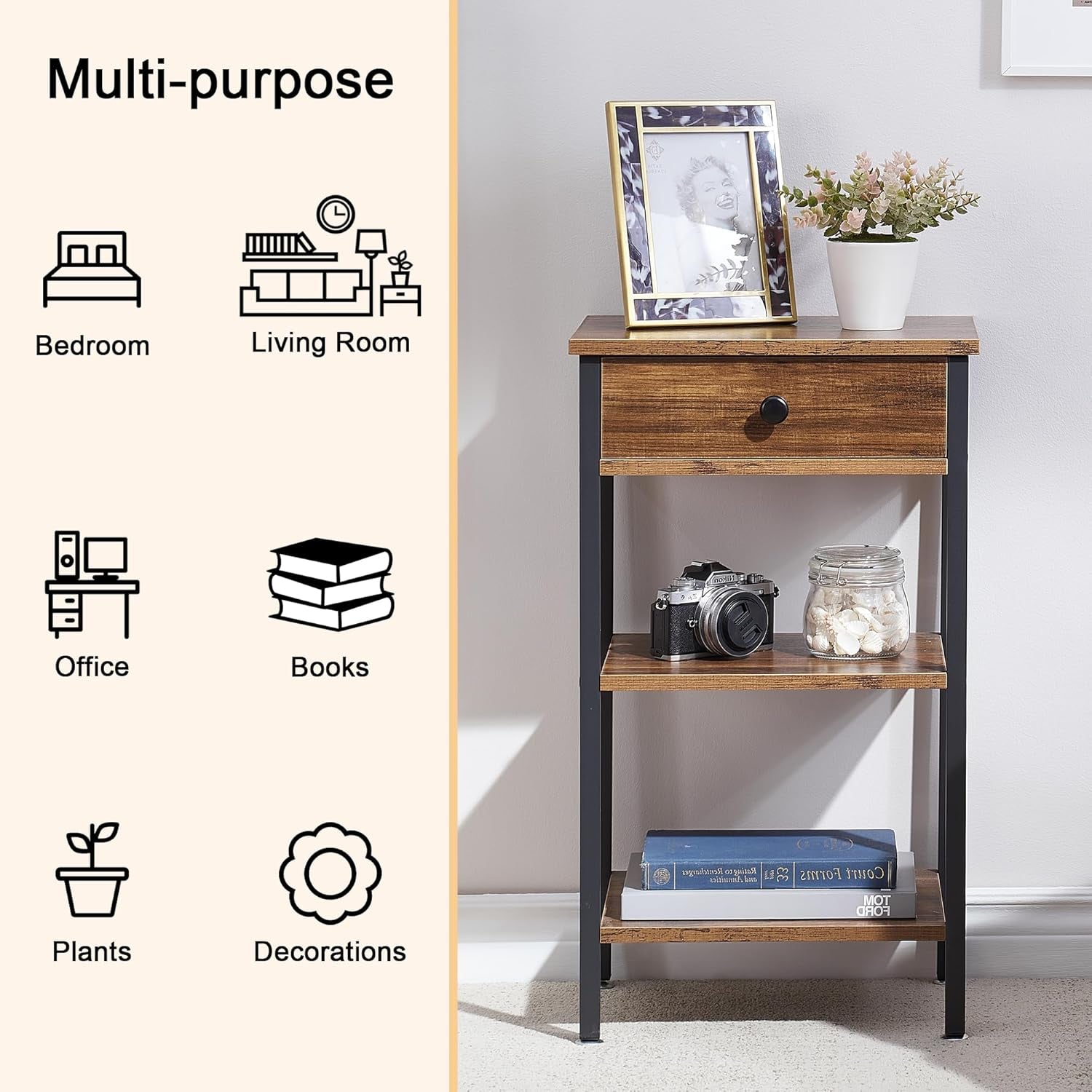 Tall End Side Table,Nightstand with Adjustable Shelf and Bin Drawer for Living Room/Bedroom/Entryway Small Spaces
