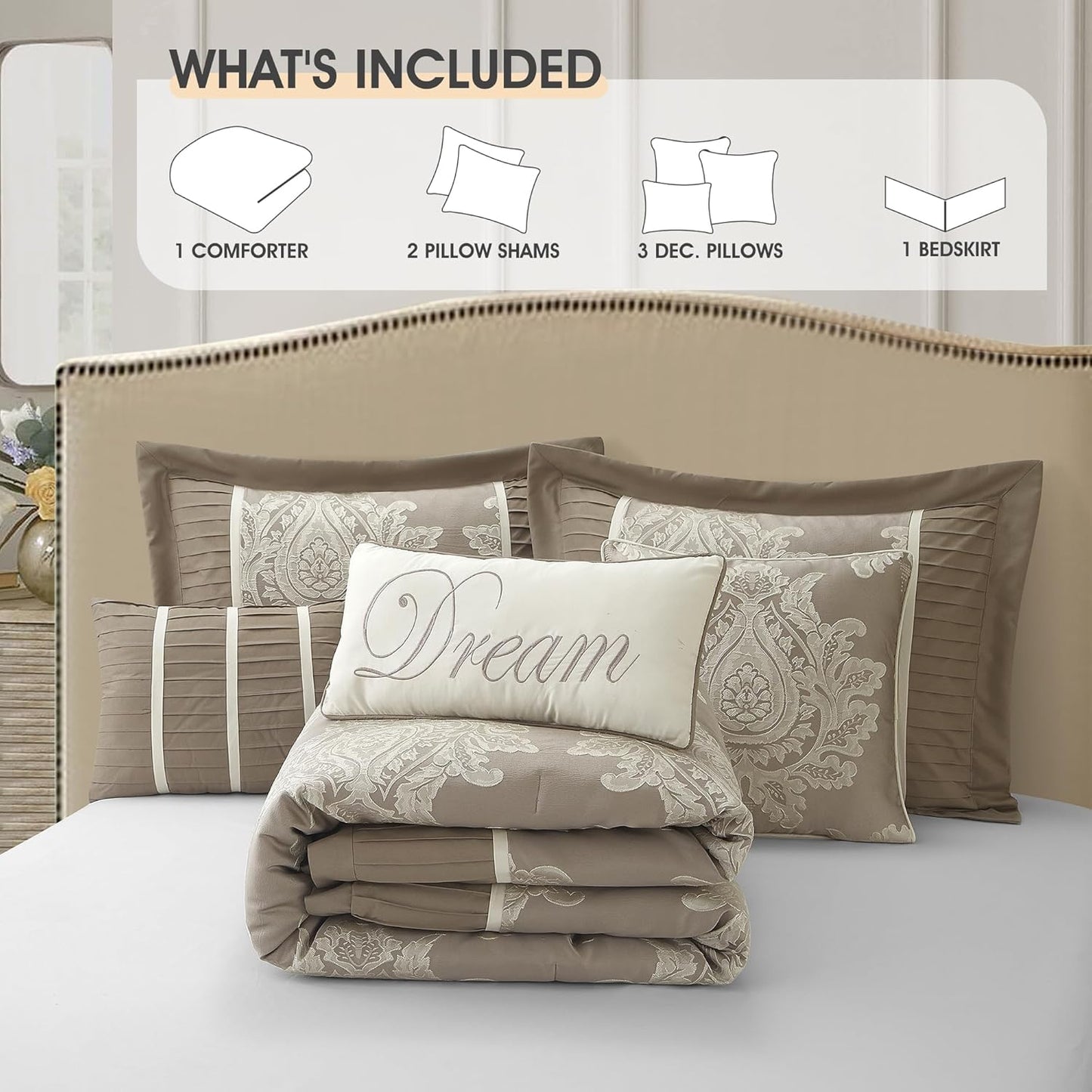 Beige King Size Comforter Set 7 Pieces, Jacquard Woven with Damask, Bedding Set in a Bag Includes Comforter, Bed Skirt, Pillow Shams, and Decorative Pillows