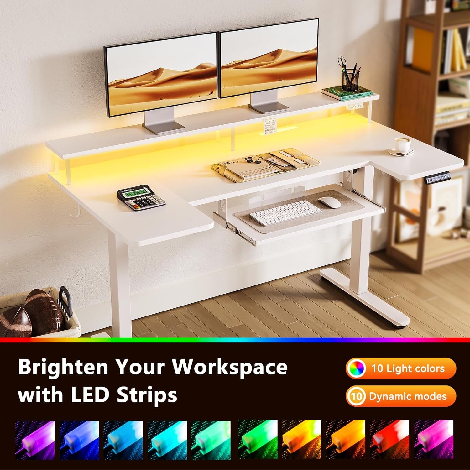 U Shaped Electric Standing Desk with Keyboard Tray, 55 Inch Height Adjustable Desk with Power Outlets & LED Lights, Sit Stand Table with Monitor Stand for Home, Office, White