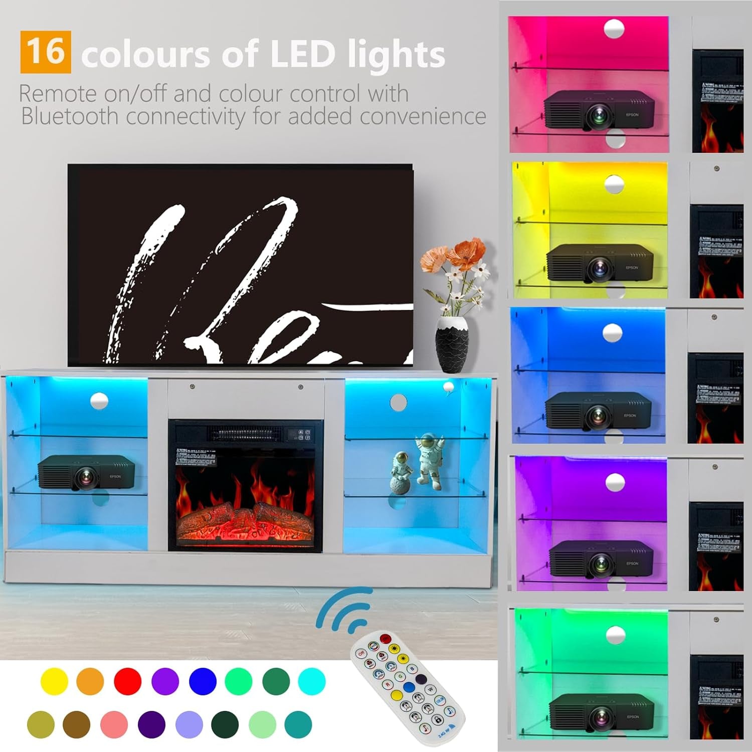 Fireplace TV Stand with LED Lights, Modern Entertainment Center with Electric Fireplace for TV up to 65", TV Console Table with Open Storage Shelves for Living Room Bedroom (White)