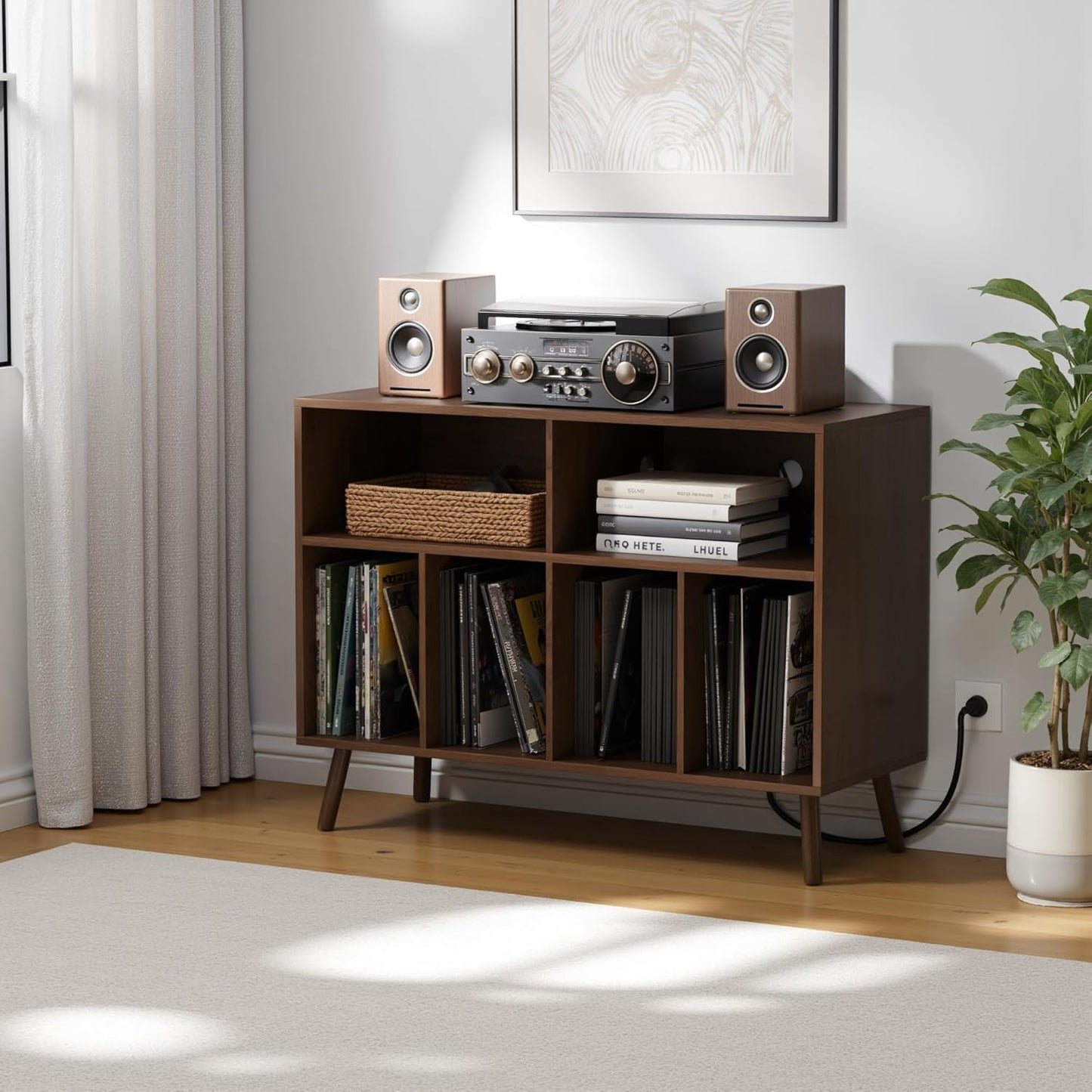 Record Player Stand with Vinyl Storage Cabinet, Wood Turntable Table Open Shelf Holder up to 350 Albums Cube Storage Organizer for Living Room, Office, Brown