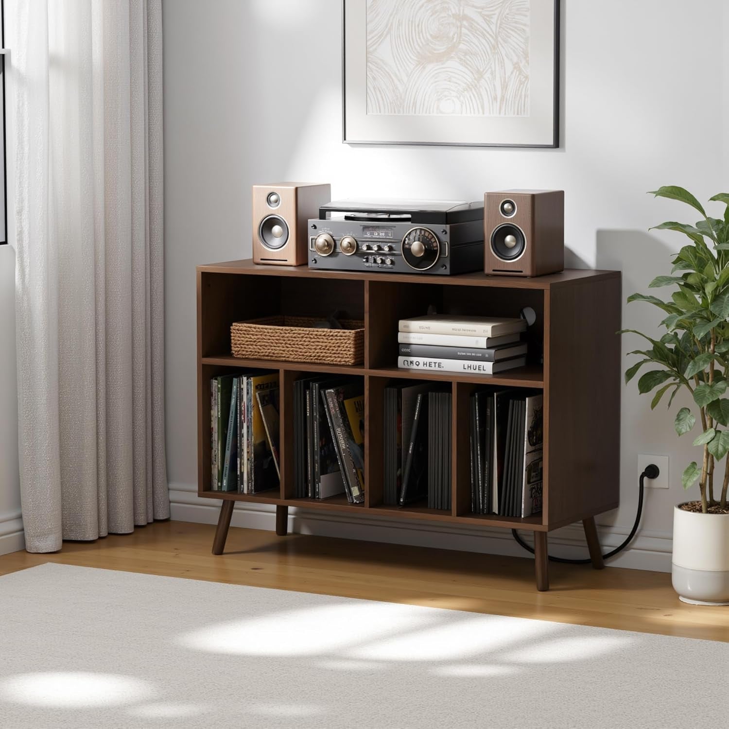 Record Player Stand with Vinyl Storage Cabinet, Wood Turntable Table Open Shelf Holder up to 350 Albums Cube Storage Organizer for Living Room, Office, Brown