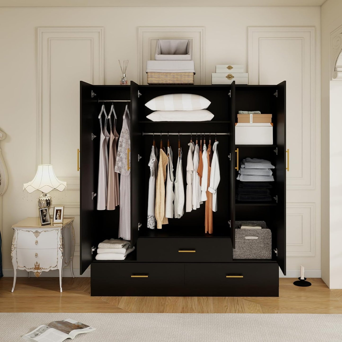 Wood Black Armoire Wardrobe Closet Black: 4 Doors Wardrobe Cabinet 2 Hanging Rods 3 Drawers with Mirror Shelves Large Storage for Bedroom Home
