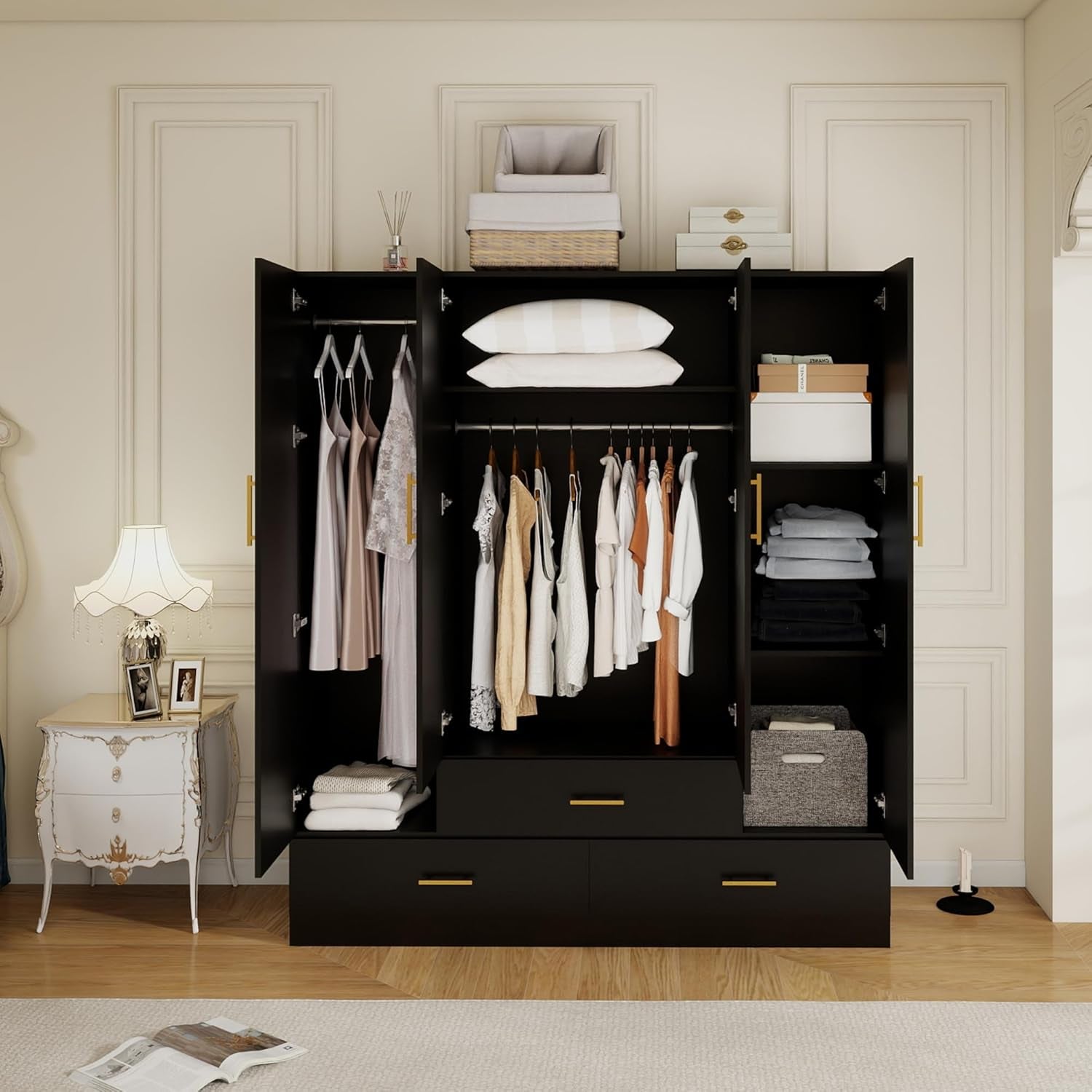 Wood Black Armoire Wardrobe Closet Black: 4 Doors Wardrobe Cabinet 2 Hanging Rods 3 Drawers with Mirror Shelves Large Storage for Bedroom Home