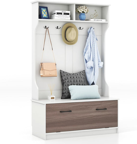Hall Tree with Coat Rack and Storage Bench, Multifunctional Coat Rack with Entryway Bench, 5 Double Hooks, Freestanding Home Organizer for Entryway, Bedroom (White)