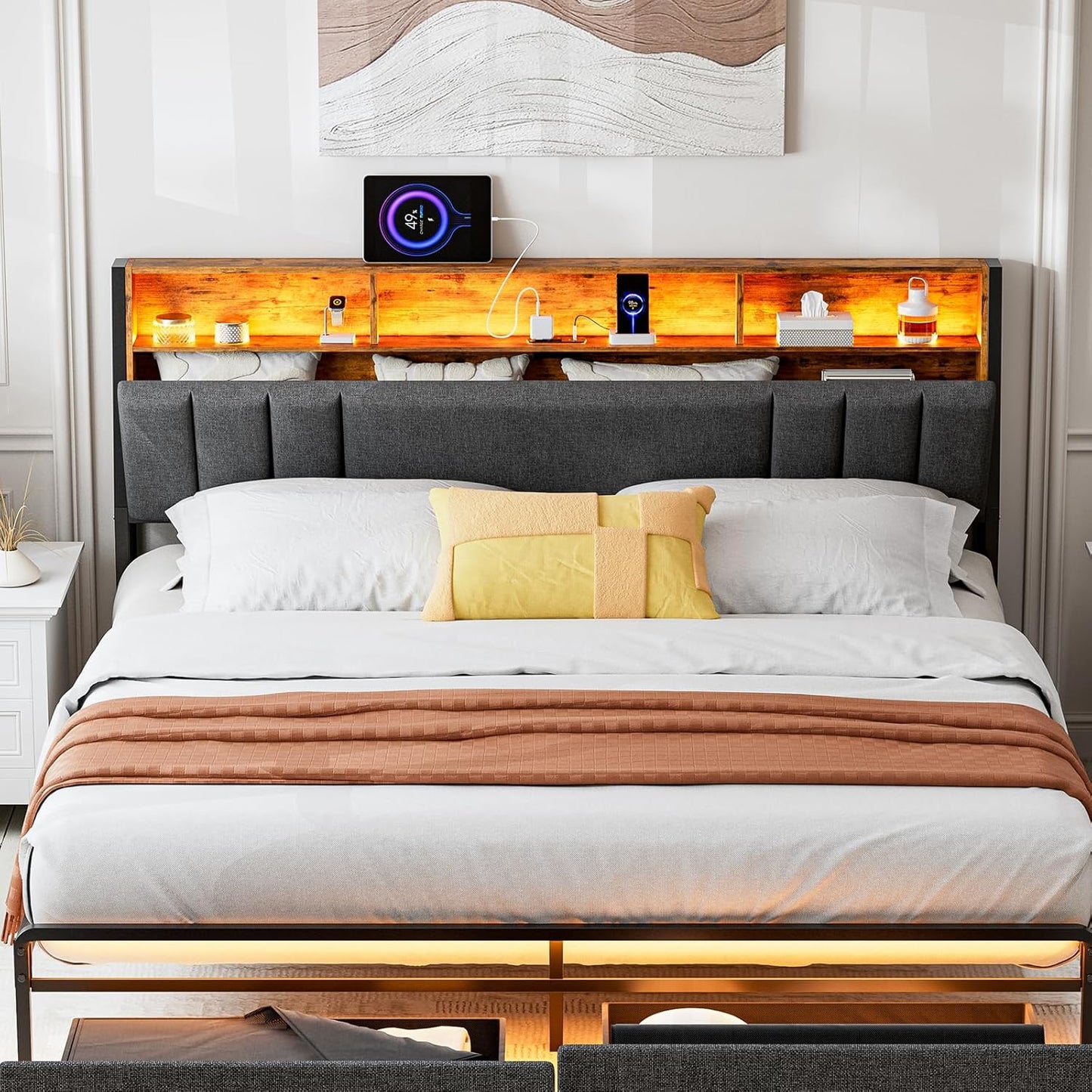 Hidden Storage Headboard King Size with Charging Station, Ergonomic Upholstered King Headboard Only with LED Lights, 2 Outlets & 2 USB Ports, Attach Frame, Easy Assembly, Dark Grey