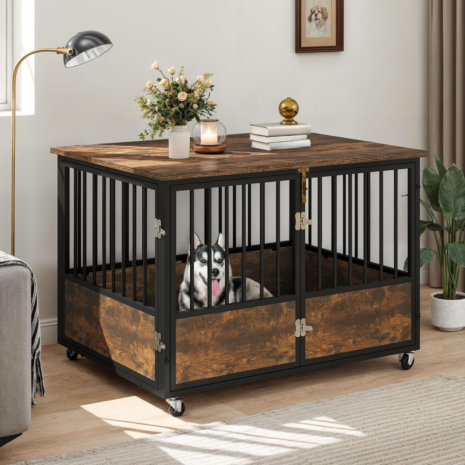 Dog Crate Furniture with Wheels, 38 Inch Dog Kennel Indoor Furniture End Table Dog Crate for Dogs, Farmhouse Decorative Wooden Dog Cage Table with Double-Doors, Chew-Resistant, Rustic Brown