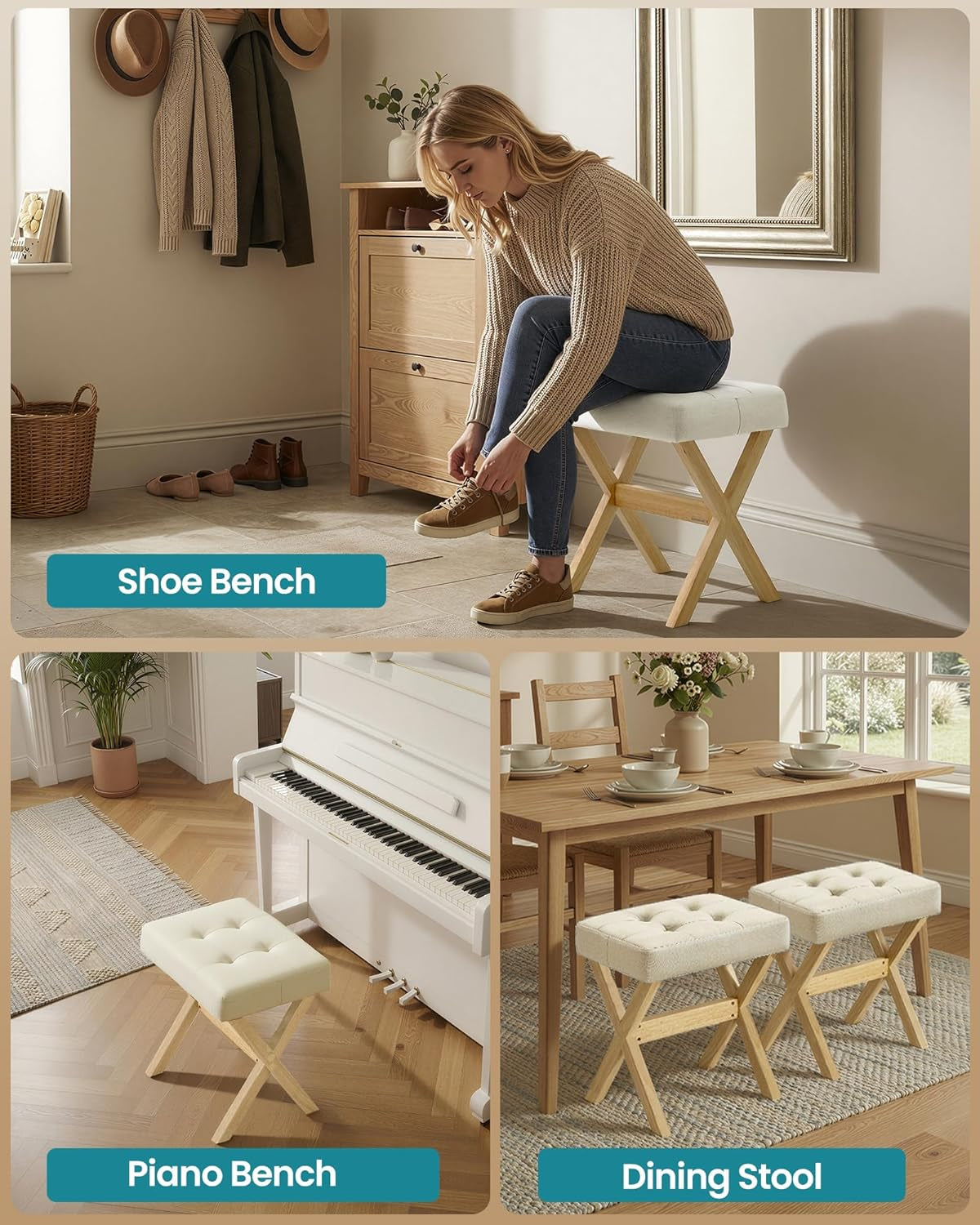 Makeup Stool, Padded Vanity Stool, Foot Rest, Solid Wood X Legs, for Bedroom, Closet, Entryway, 12.6 X 16.5 X 18.1 Inches, Summer Sand and Natural Beige ULSF006LF02