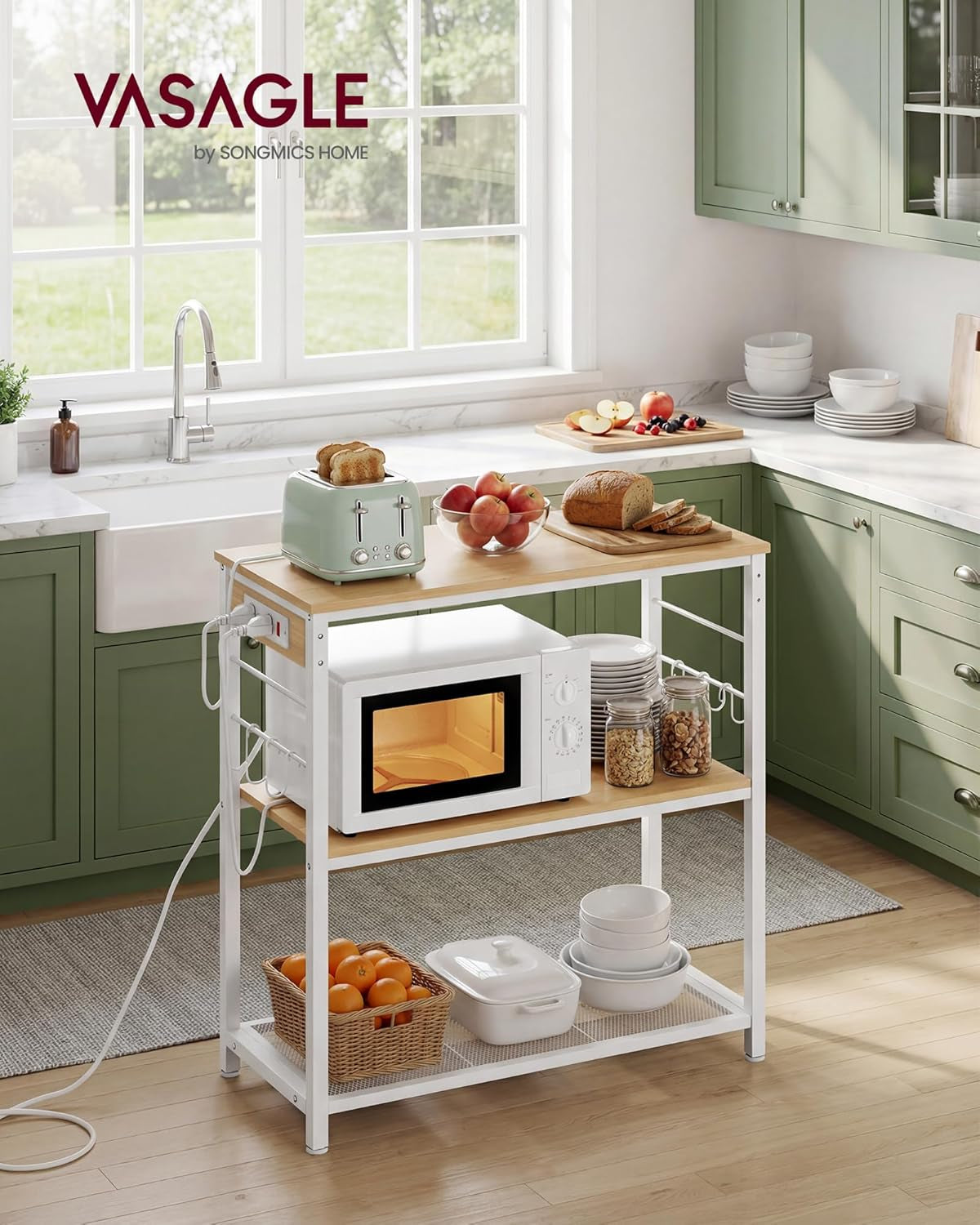 Kitchen Island with Power Strip, Microwave Oven Stand, Kitchen Shelf, Baker'S Rack with 3 Open Shelves, 6 Hooks, Metal Frame, 15.7 X 31.5 X 35.4 Inches, Goldean Oak and White UKKI102YA02S