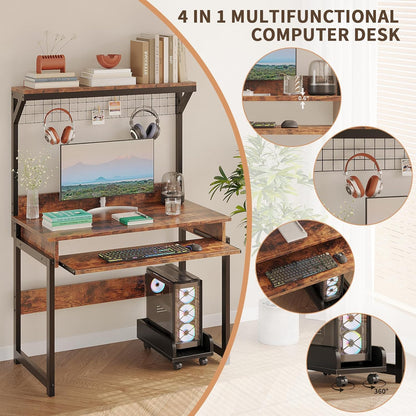 31.5" Small Computer Desk with Hutch, Office Desk Study Table Writing Desk Workstation PC Table for Home Office, Space Saving Design
