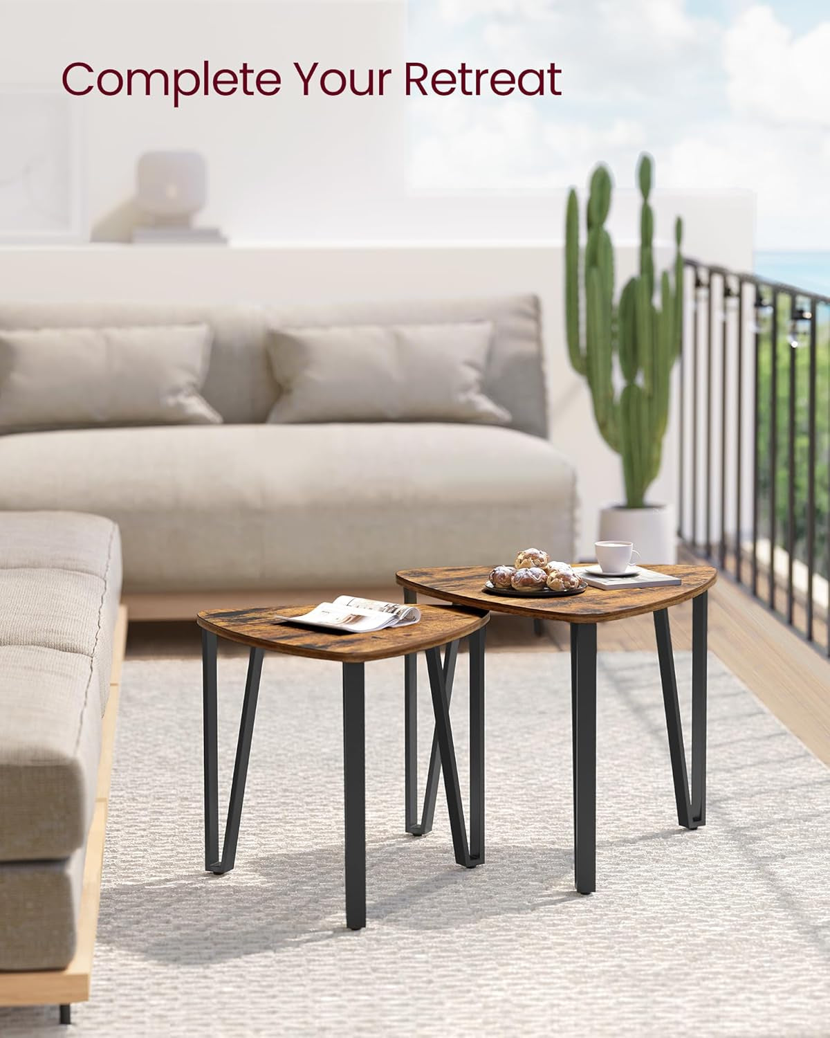 Nesting Coffee Tables, End Tables Set of 3 for Living Room Bedroom, Industrial Small Stacking Side Tables with Metal Frame for Couch, Rustic Brown and Black ULNT13X, 23.1 X 23.1 X 17.7 Inches