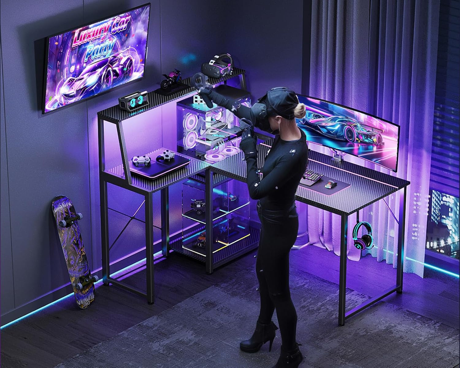 45 Inch L Shaped Gaming Desk with Power Outlet & LED Lights, Computer Table with Corner Desktop Showcase for CPU Stand, Display Storage Shelf, Carbon Fiber Surface, Black