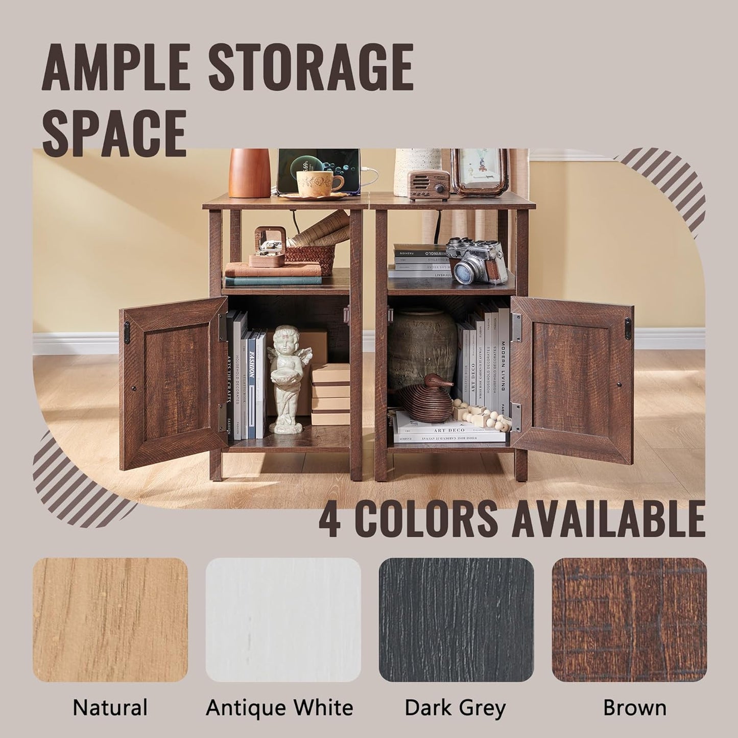 Farmhouse Nightstands Set of 2, Narrow Bedside Table with Charging Station, Night Stand Set 2 with Storage & Open Shelf, End Tables W/Groove Barn Door for Bedroom, Living Room-Brown