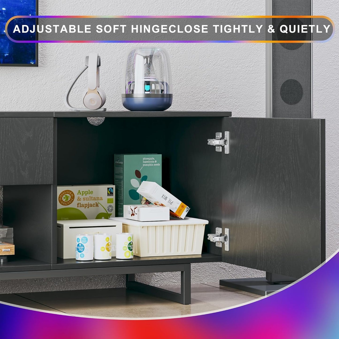 TV Stand for 75 Inch TV, Entertainment Center with LED Light, Modern Wood TV Console with Texture Entertainment Stand with Highlight Storage Cabinet for Tvs up to 70-80" Black