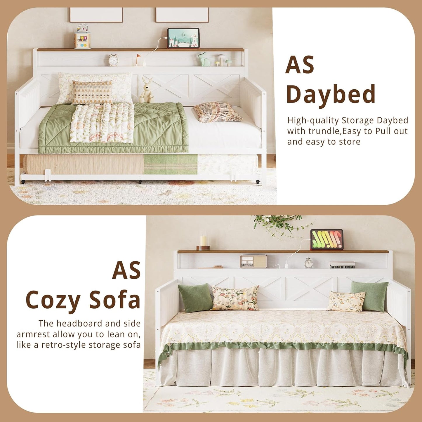 Daybed with Trundle, Sturdy Metal Twin Bed Frame with X-Shaped Frame, Upholstered Farmhouse Daybed with Charging Station for Living Room, Bedroom, and Guest Room, White/Walnut