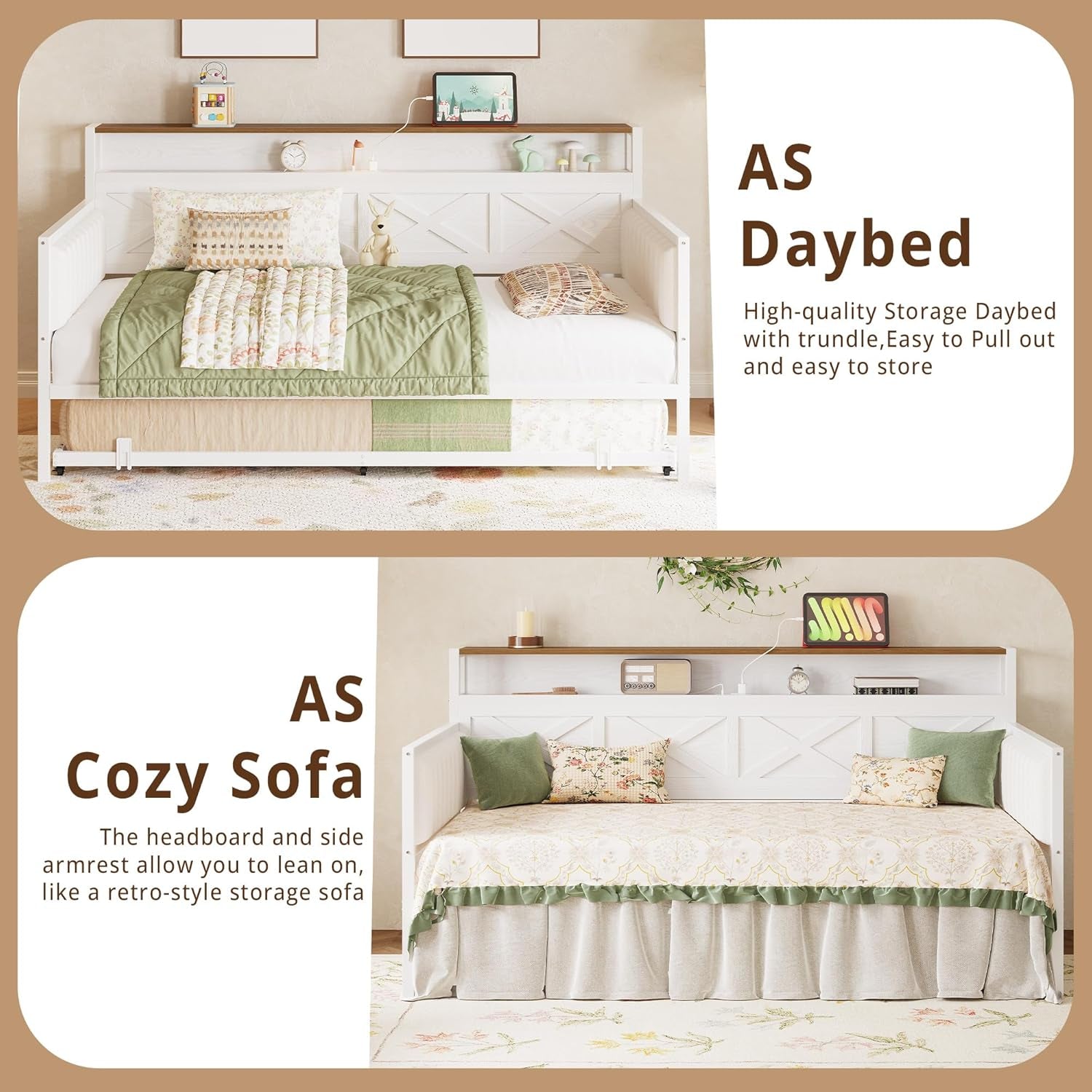 Daybed with Trundle, Sturdy Metal Twin Bed Frame with X-Shaped Frame, Upholstered Farmhouse Daybed with Charging Station for Living Room, Bedroom, and Guest Room, White/Walnut