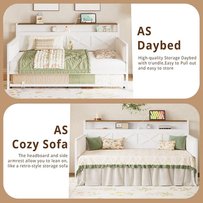 Daybed with Trundle, Sturdy Metal Twin Bed Frame with X-Shaped Frame, Upholstered Farmhouse Daybed with Charging Station for Living Room, Bedroom, and Guest Room, White/Walnut