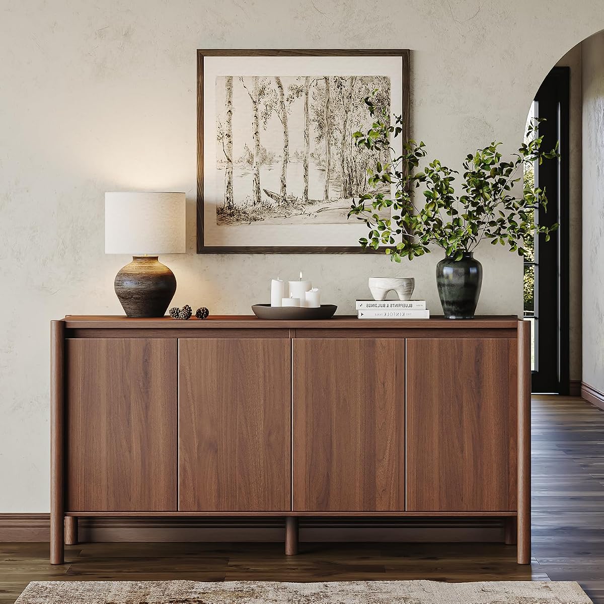 59" Walnut Sideboard Buffet Cabinet with Solid Wood Legs