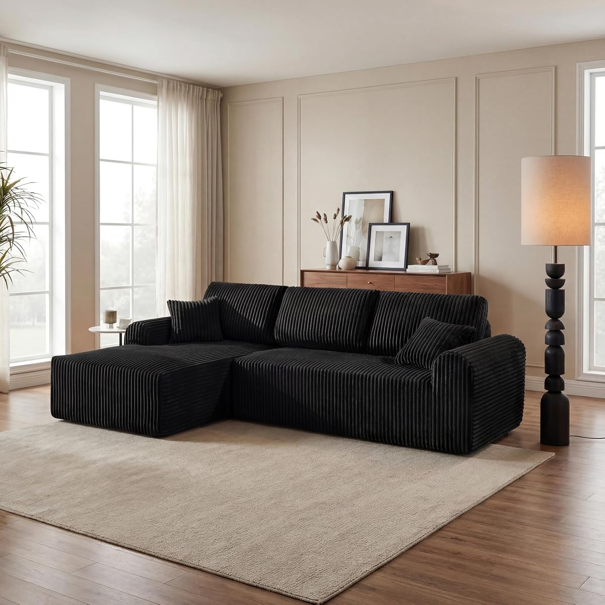109-Inch L-Shaped Left Facing Boneless Corner Sofa 2 PCS Modular Sectional Cloud Sofa Couch with Chaise Lounge and Toss Pillow, Corduroy Boneless L-Shaped Couches