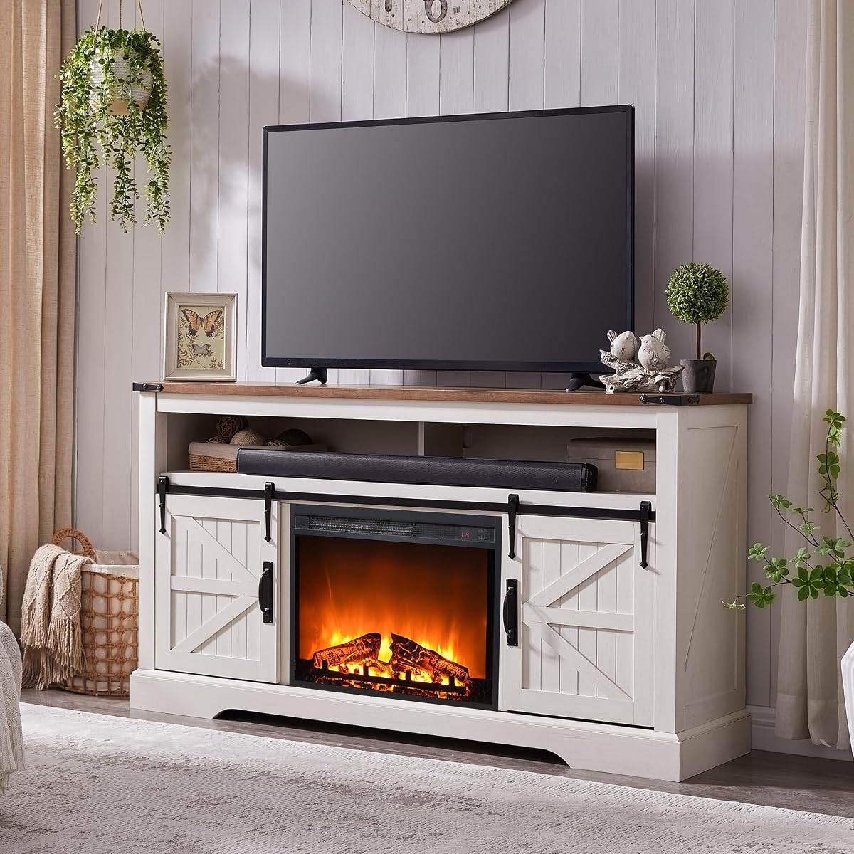 60" Farmhouse TV Stand with 23" Fireplace TV Stand, Antique White