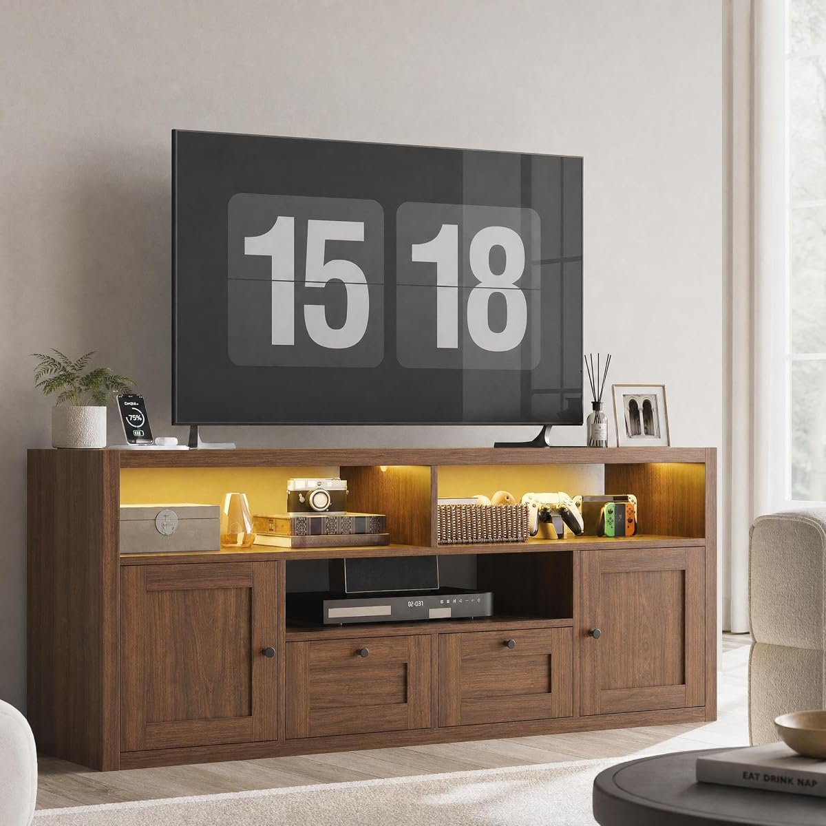 TV Stand for TVs up to 65", Walnut Entertainment Center with LED