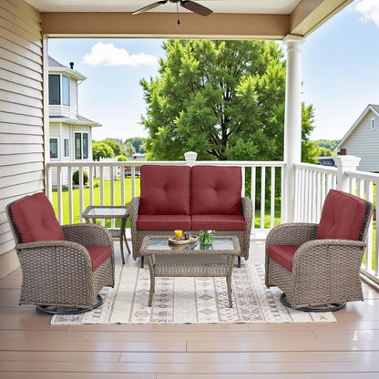 5 Piece Wicker Patio Furniture Set - Outdoor Conversation Sets with Deep Seating Swivel Rocker Chairs Loveseat and Rattan Coffee Table for Deck Backyard Poolside, Gray Wicker/Red Cushion