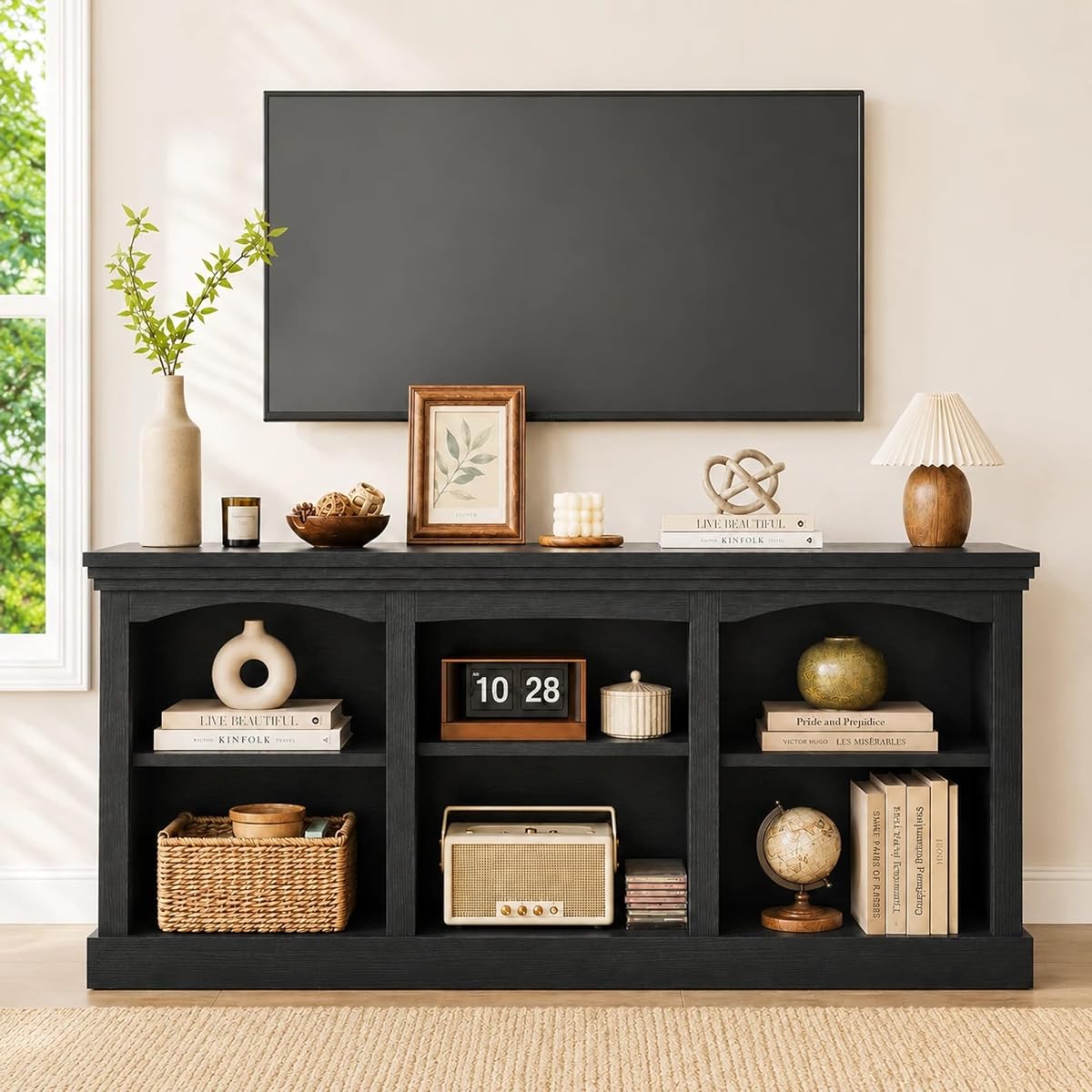 70 Inch Farmhouse TV Stand with Storage for 75/80 Inch TVs, Black