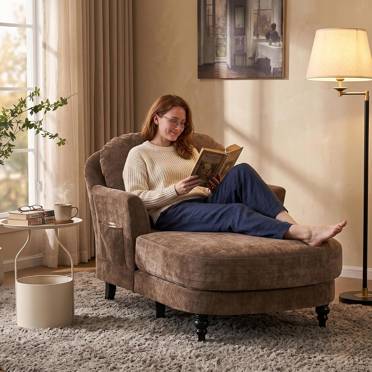 59.8” Chaise Lounge Chair Indoor, Oversized Reading Armchair, Brown