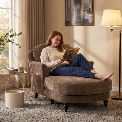 59.8” Chaise Lounge Chair Indoor, Oversized Reading Armchair, Brown