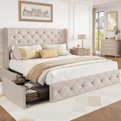 Queen Size Bed Frame with Storage Drawers and Wingback Headboard Linen Upholstered Platform Bed Frame Tufted Beds with Heavy Duty Wood Slats, Noise Free, Easy Assembly, Beige