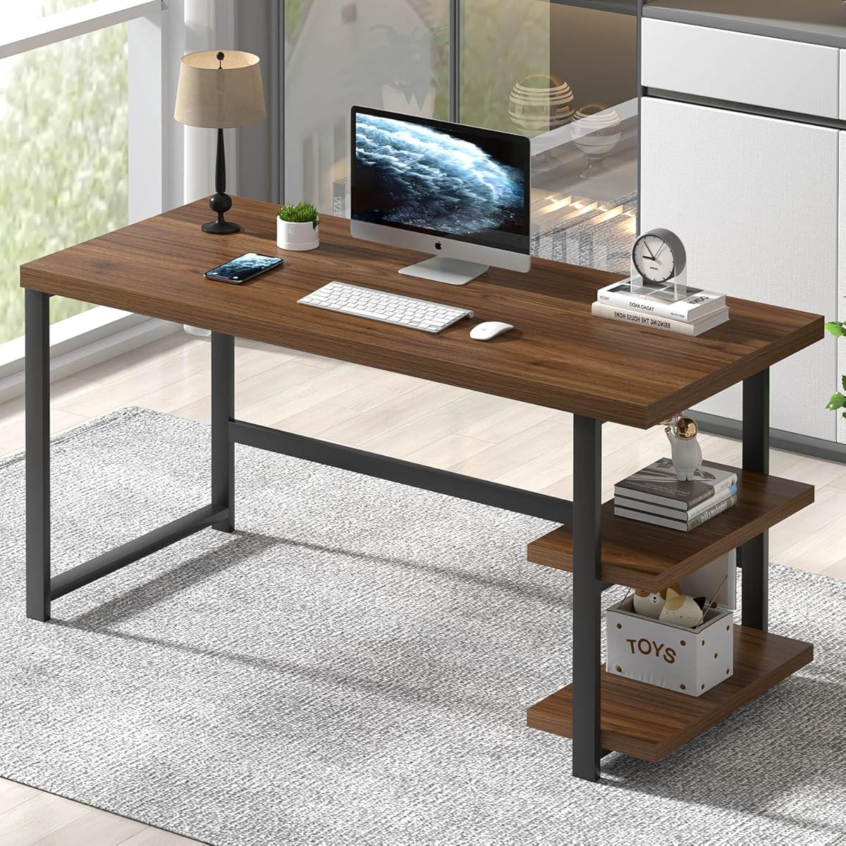 Modern Computer Desk, Wood Home Office Desk, Study Writing Gaming Table Workstation with Storage Shelves for Living Room Bedroom, Rustic Walnut, 53 Inch