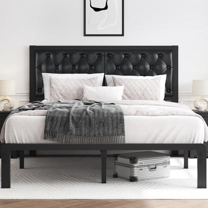 Queen Black Bed Frame with Button Tufted Headboard and Storage