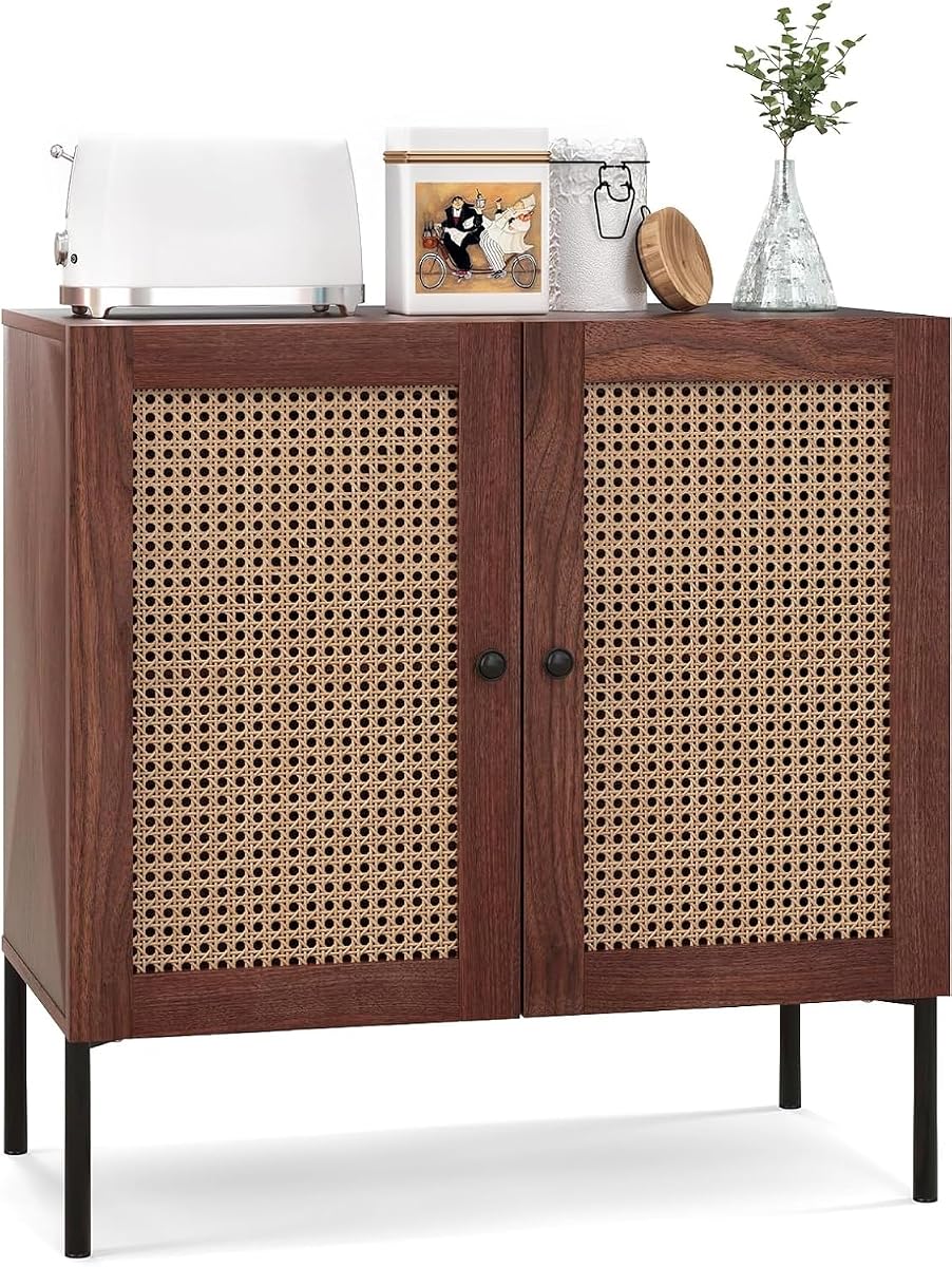 Buffet Cabinet, Rattan Sideboard Console Table Coffee Bar Accent Cabinet w/Adjustable Shelf, Walnut Credenza, Storage Cabinet for Entryway Kitchen Living Room Hallway (1, Walnut)