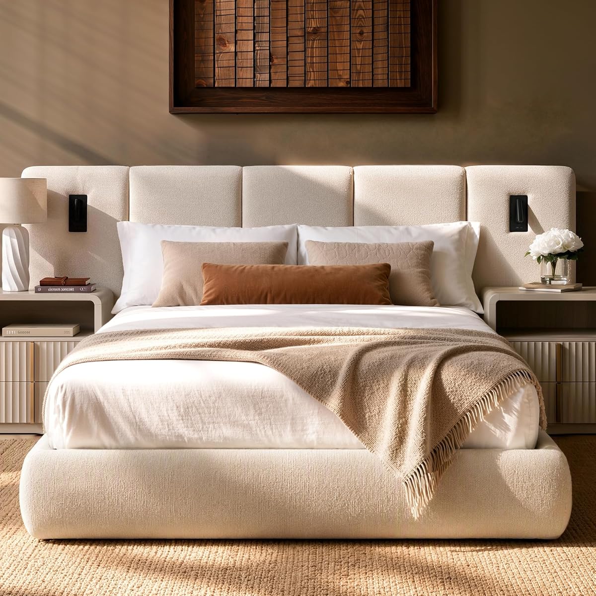 Queen Upholstered Bed Frame with Extended Headboard, Beige