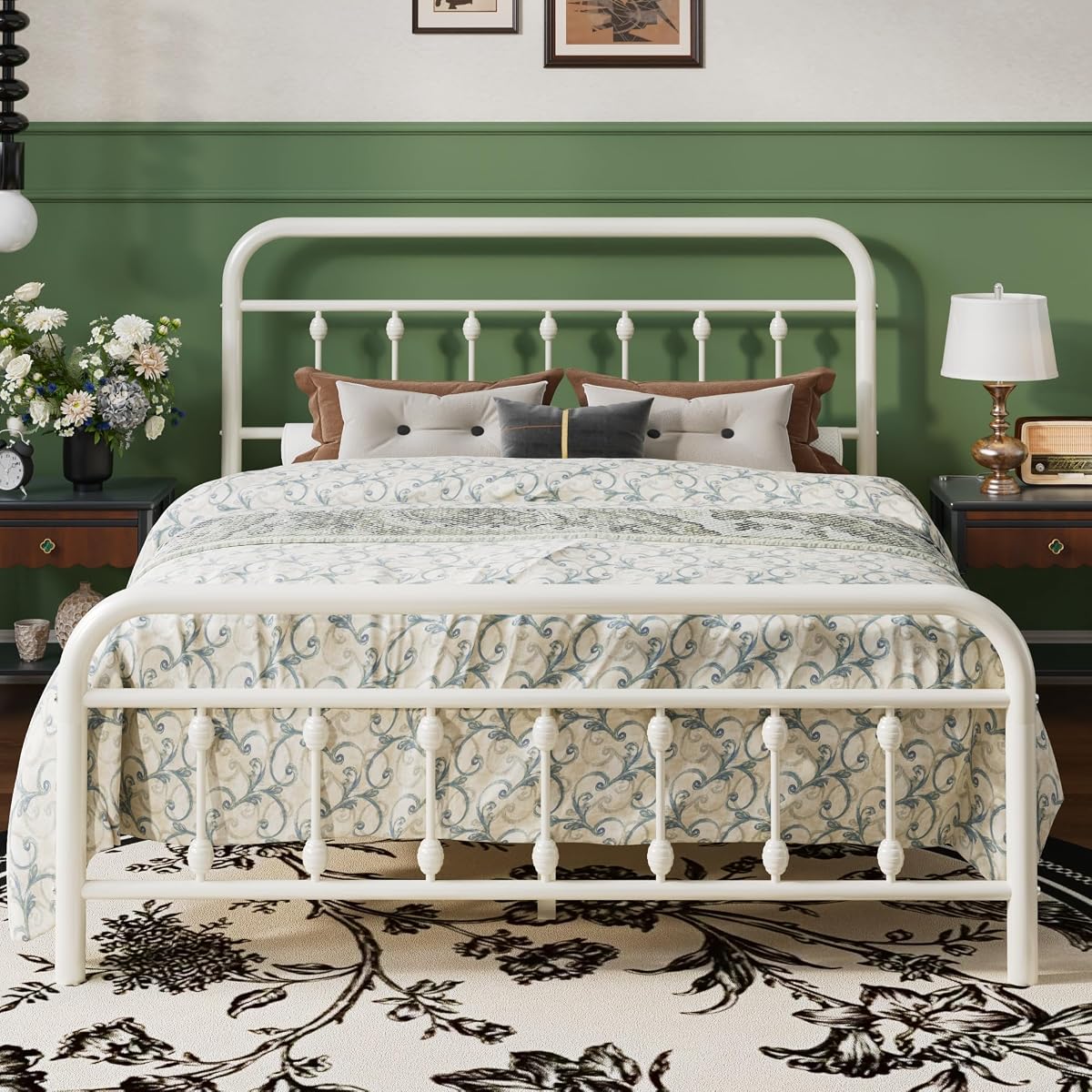 Full Metal Bed Frame with Victorian Iron-Art Headboard, Cream