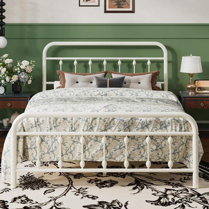 Full Metal Bed Frame with Victorian Iron-Art Headboard, Cream