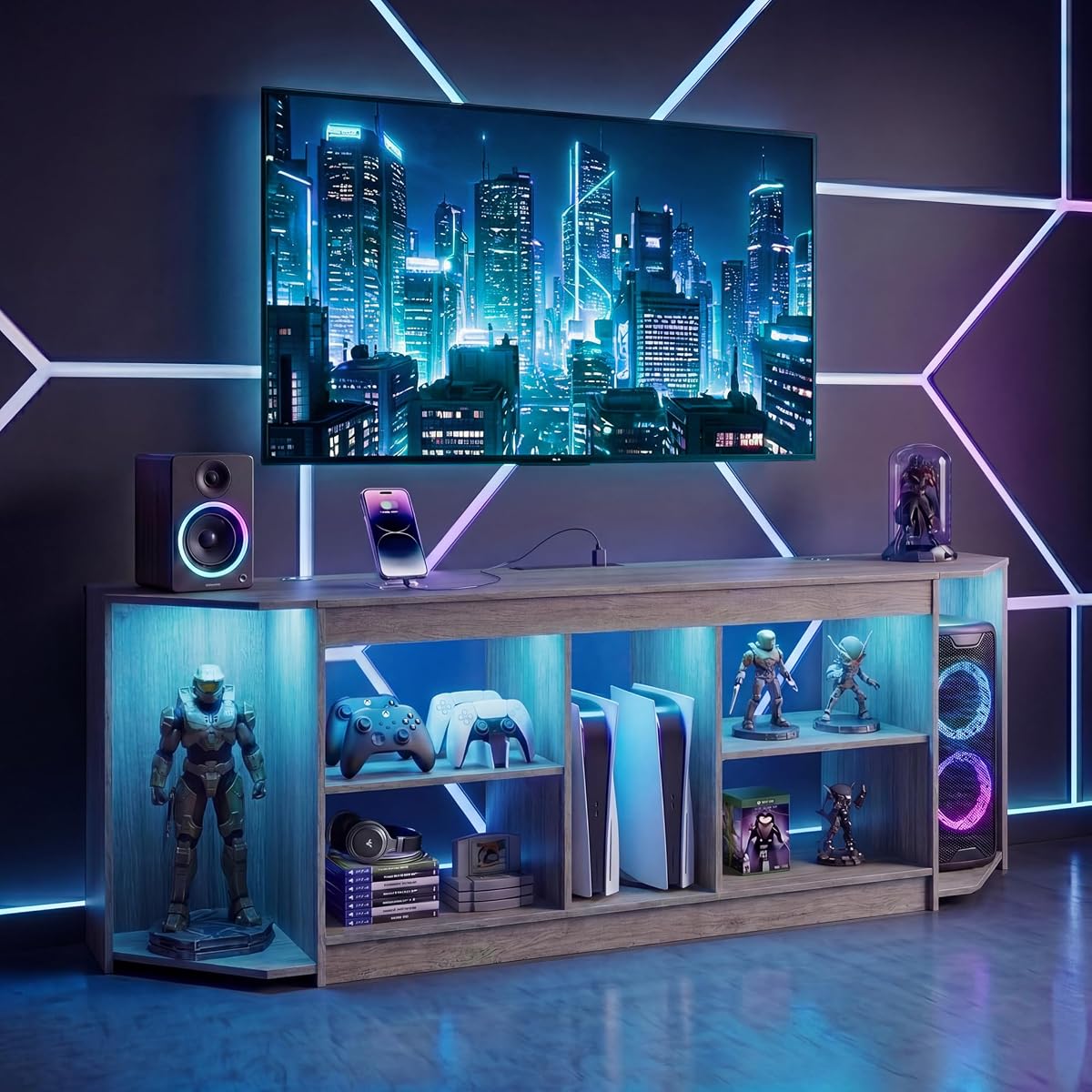 Modern TV Stand with LED Lights & Power Outlets for 75 inch TVs