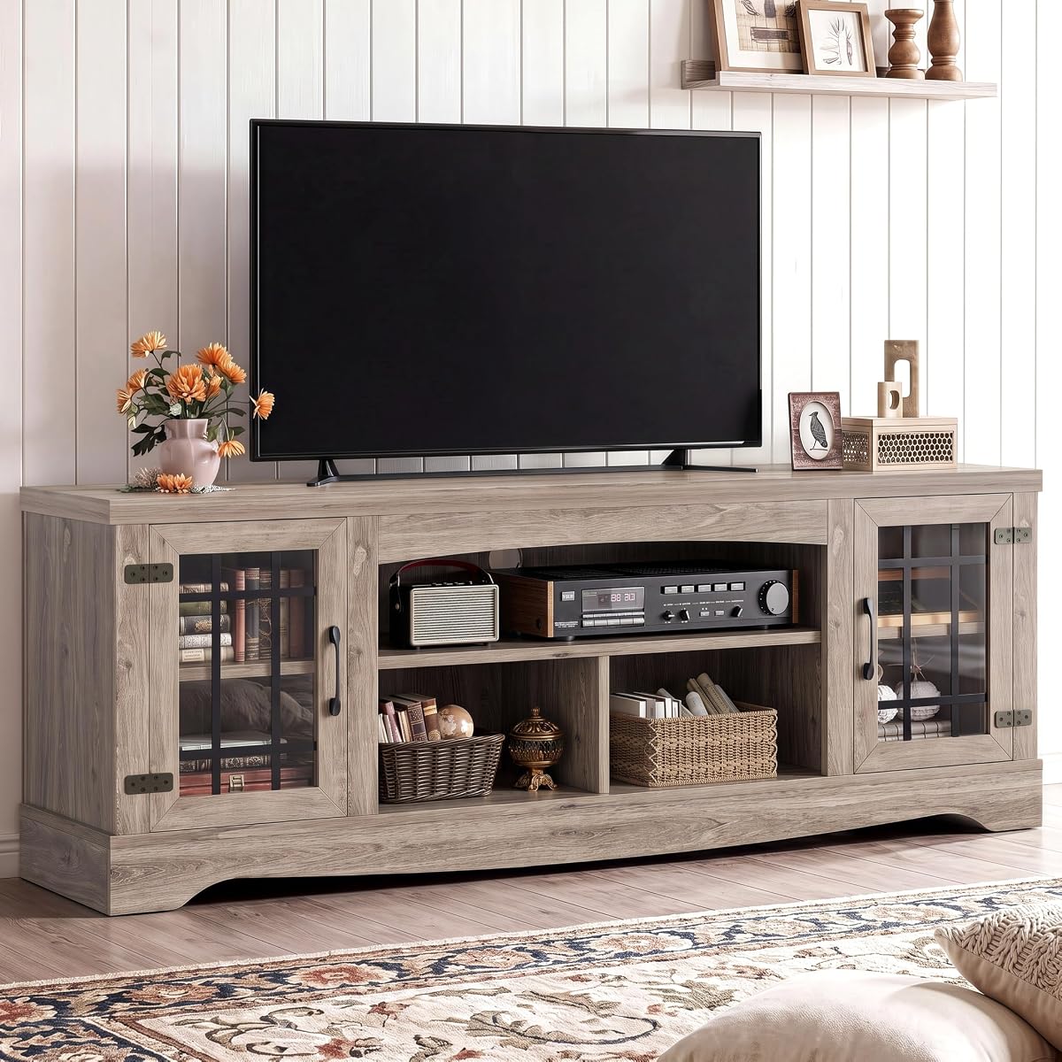 Farmhouse TV Stand for 75 Inch TV, Light Rustic Oak