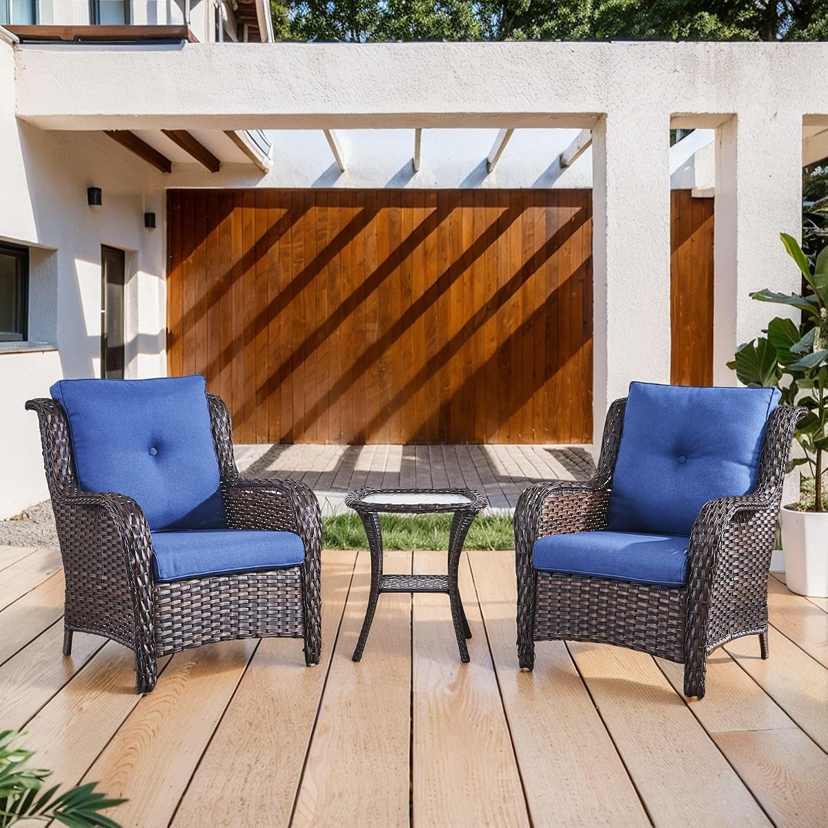 Outdoor Furniture Set Patio Wicker Chairs, 3 Peices Porch Rattan Furniture with Side Table, Deep Seating Patio Bistro Chair Sets (Blue Cushion)